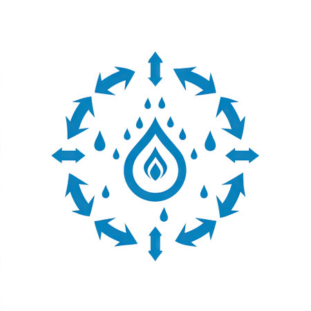 This graphic illustrates water conservation using arrows and droplets, symbolizing the sustainable management and efficient use of water resources for a healthier planet.の素材
