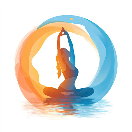 This vibrant illustration features a serene silhouette of a woman meditating, surrounded by colorful circular patterns. It embodies tranquility and inner peace.の素材