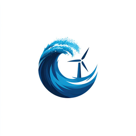 Vibrant illustration featuring a dynamic ocean wave intertwined with a wind turbine, symbolizing renewable energy and sustainability in an artistic way.の素材