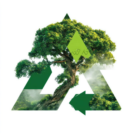 This artistic image features a lush green tree encapsulated within geometric shapes, symbolizing the harmony between nature and modern design. The vibrant colors and intricate details highlight themes of sustainability and ecological balance.の素材