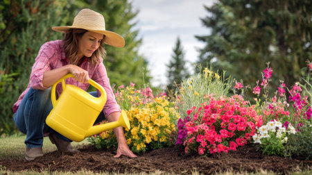 A woman kneels in a flourishing garden, using a yellow watering can to care for vibrant flowers. The scene highlights the joy of gardening and nurturing nature.の素材