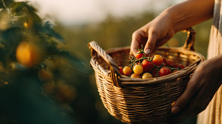 A person gathers ripe tomatoes in a woven basket from a lush garden during sunset, highlighting the beauty of fresh produce and rural life.の素材