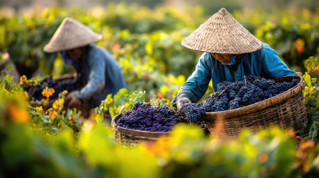Workers in traditional attire harvest ripe grapes in a picturesque vineyard. The scene showcases the beauty of rural agriculture and the artistry of grape picking.の素材