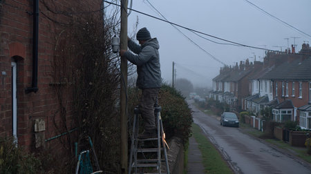 A technician is climbing a ladder to install equipment on a telecommunication pole in a foggy residential area, showcasing early morning urban life.の素材