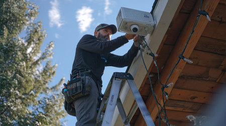 A technician carefully installs a projector on an exterior wall, balancing on a ladder against bright blue skies and surrounded by trees, showcasing skilled craftsmanship.の素材