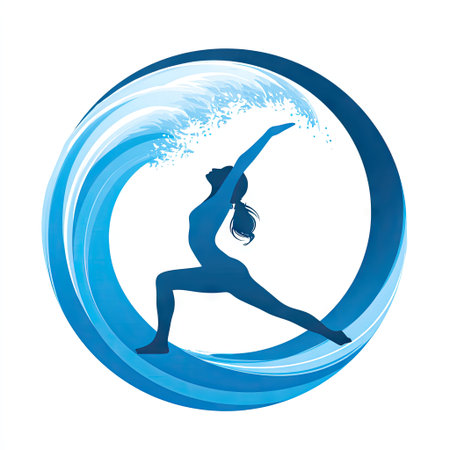 A captivating silhouette of a woman practicing yoga amidst dynamic water waves, symbolizing harmony, strength, and tranquility in wellness and fitness themes.の素材