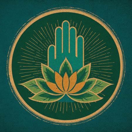 This vintage-style illustration features a hand and a blooming lotus flower, symbolizing peace, mindfulness, and spiritual growth, all set against a textured background.の素材