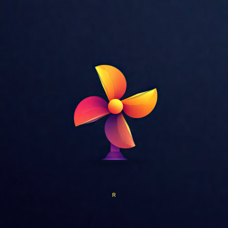 This vibrant illustration showcases a retro electric fan in a minimalist style, highlighting its unique design and colors against a dark background.の素材