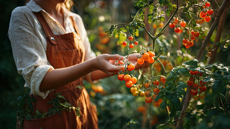A woman gently plucks ripe cherry tomatoes from a flourishing garden, embodying the joy of gardening amidst vibrant greenery. The warm sunlight enhances the peaceful atmosphere and the connection to nature.の素材