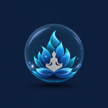 Captivating design featuring a vibrant blue flower with a meditating figure enclosed in a transparent sphere, symbolizing tranquility and mindfulness.の素材