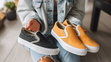 A person showcases two pairs of stylish casual shoes, one in black and another in vibrant yellow, ideal for trendy outfits and comfort.の素材
