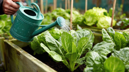 A gardener waters fresh green vegetables using a modern watering can in an organic garden bed, showcasing the beauty of nature and nurturing growth.の素材