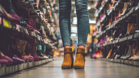 A woman stands confidently in stylish ankle boots in a vibrant shoe store aisle, highlighting the joy of shopping and exploring diverse footwear options.の素材