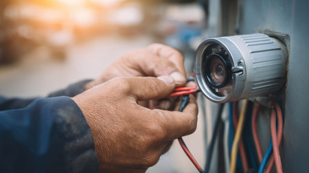 A technician skillfully installs a security camera outdoors. The image showcases hands connecting colorful wires, emphasizing attention to detail and safety in surveillance installation.の素材