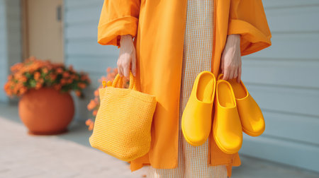 A stylish woman captures attention with vibrant yellow accessories and shoes, embodying a cheerful summer vibe in a bright urban setting.の素材