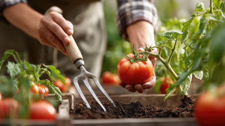 A close-up image of a woman's hand holding a ripe tomato while using a garden fork in a home garden. Vibrant green foliage surrounds freshly harvested tomatoes, showcasing the beauty of organic gardening and the joy of cultivating fresh produce in a natural environment.の素材