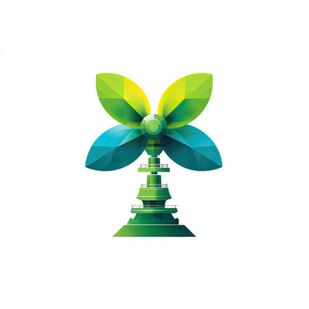 This vibrant abstract illustration features a wind turbine designed with green and blue petals, symbolizing renewable energy and environmental sustainability. Perfect for projects focused on clean technology and eco-friendly initiatives.の素材