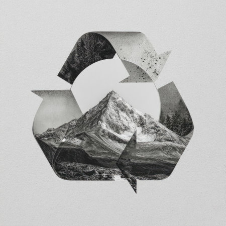This image blends an artistic representation of a recycling symbol with a stunning mountain landscape, emphasizing a commitment to nature and sustainability.の素材