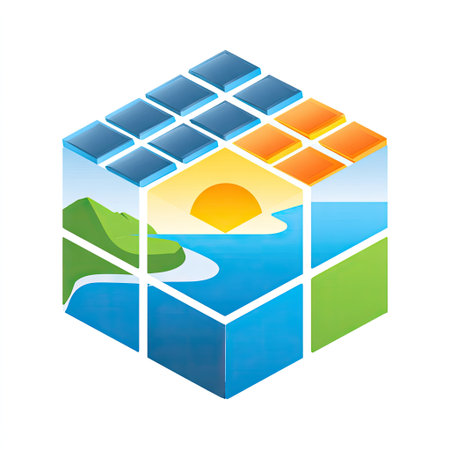 A vibrant and colorful geometric cube illustration features images of nature, water, and the sun, ideal for creative, artistic, and modern projects.の素材