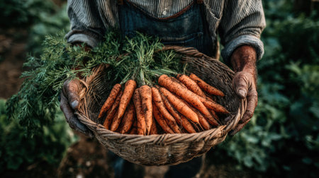 A farmer proudly displays a basket of freshly harvested carrots, showcasing the vibrant orange vegetables against a rustic garden backdrop.の素材