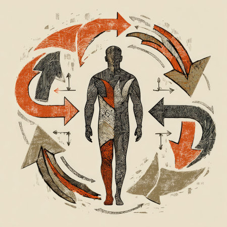 This abstract illustration showcases the dynamic flow of human movement and energy. Arrows interweave around a stylized figure, conveying vitality.の素材