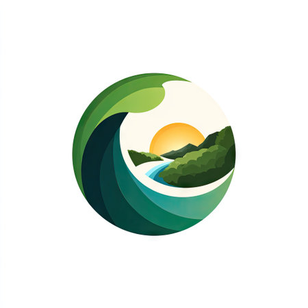 This artwork features a vibrant nature scene showcasing rolling waves, lush green hills, and a golden sunrise, all encapsulated in a circular design.の素材