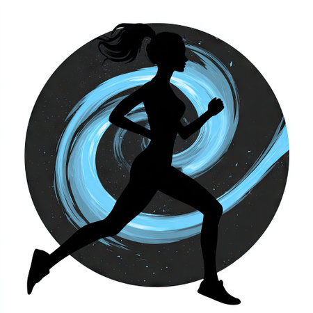Dynamic silhouette of a woman running showcases an energetic swirl in the background, representing fitness and an active lifestyle in a bold illustration.の素材