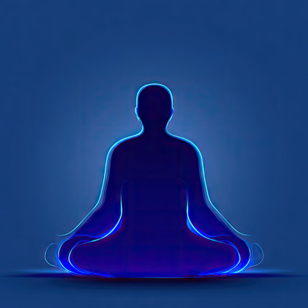 This image features a glowing silhouette of a meditating figure in neon blue light against a dark background, symbolizing wellness and mindfulness.の素材