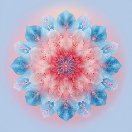 A beautiful floral mandala design featuring soft blue and pink hues with intricate petal arrangements. Perfect for decoration and creative projects.の素材