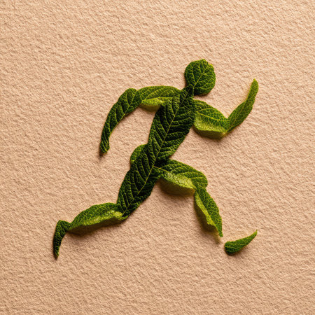 This unique image showcases a figure of a runner crafted entirely from vibrant green leaves on a soft natural background, emphasizing harmony with nature.の素材