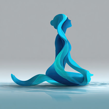 This captivating image features a serene abstract figure gracefully posed in tranquil water, showcasing flowing shapes and soft blue tones that evoke calmness and peaceful vibes.の素材