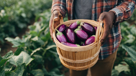 A farmer holds a wooden basket filled with vibrant purple eggplants, showcasing fresh produce from a lush green farm. The earthy background enhances the rural vibe.の素材