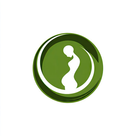 This striking logo features a minimalist silhouette of a pregnant woman within a green and white circular design, symbolizing pregnancy and wellness.の素材