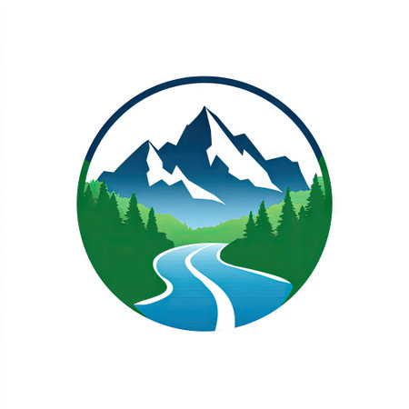 This artistic logo features a stunning mountain landscape with a flowing river, emphasizing nature's beauty and the spirit of adventure in a circular design.の素材
