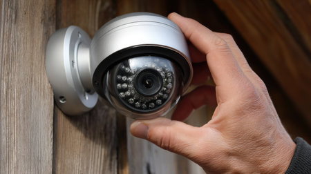 A person carefully installing a security camera onto a wooden surface, ensuring effective home surveillance and safety. Ideal for home security enhancements.の素材