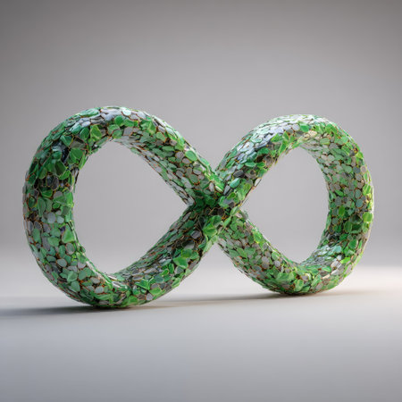 A green infinity symbol crafted from mosaic tiles showcases a shiny surface and smooth textures. This visually striking piece highlights creativity and artistic expression.の素材
