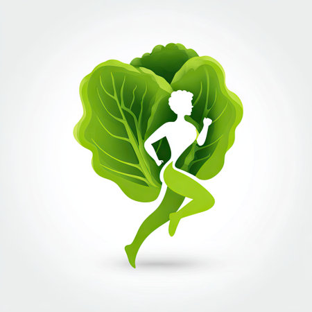 This vibrant illustration captures the essence of movement and vitality by combining a runner's silhouette with lush green leaf elements. It symbolizes health and wellness, promoting an active lifestyle harmonized with nature.の素材