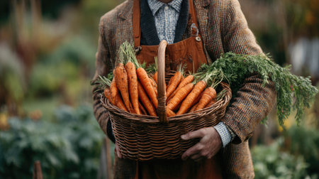 A rustic scene featuring a farmer holding a woven basket brimming with vibrant, freshly harvested carrots in a lush garden, embodying agricultural tradition.の素材