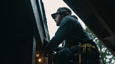 A dedicated worker carries out maintenance tasks on a building while standing in an outdoor setting during rainy weather. The image captures the focus and diligence required in skilled labor.の素材