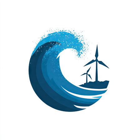 This abstract illustration features a dynamic wave intertwined with wind turbines, showcasing the harmony between nature and renewable energy sources, promoting sustainability.の素材