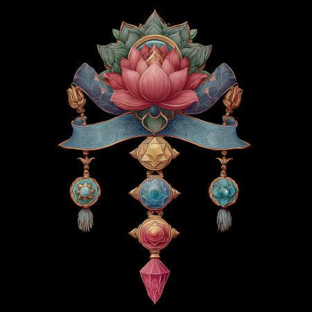 This stunning illustration features an elegant lotus flower surrounded by colorful gems and intricate decorative elements, set against a rich black background.の素材