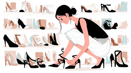 A fashionable woman is seated in a chic shoe store, thoughtfully trying on elegant high heels while surrounded by a variety of stylish footwear.の素材