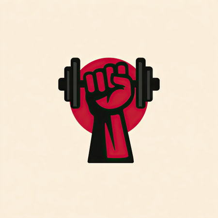 This image features a strong raised fist gripping a dumbbell, symbolizing fitness and determination. The bold design captures strength and empowerment in a visually striking way.の素材