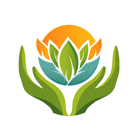 A vibrant illustration featuring hands supporting green leaves beneath a bright sun, symbolizing growth and harmony with nature in a modern style.の素材