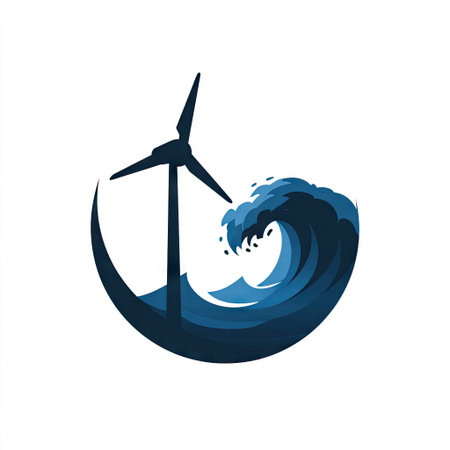 This striking image features a wind turbine alongside a powerful ocean wave, symbolizing the harmony between renewable energy and nature. The abstract design conveys themes of sustainability and environmental awareness.の素材