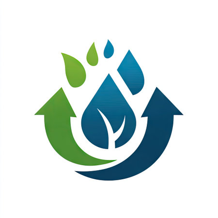 This logo symbolizes eco-friendly water conservation with a modern design featuring water droplets, a leaf, and circular arrows, promoting sustainability.の素材