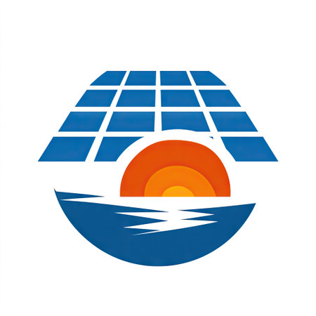 Modern logo design that blends elements of a sunset and solar panels, representing the themes of renewable energy and environmental sustainability.の素材