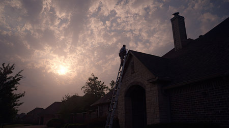 A silhouette of a roofer atop a ladder against a dramatic sunset sky, highlighting the essential work of roofing in a serene residential setting.の素材