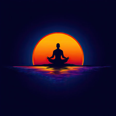 This captivating image captures a meditative figure silhouetted against a stunning sunset over calm waters, symbolizing tranquility and inner peace.の素材