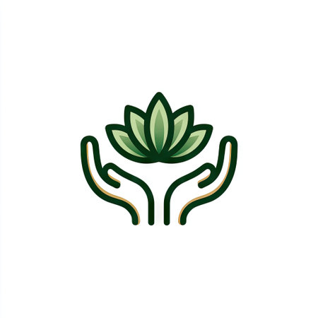 This image features hands gently cradling a green lotus flower, symbolizing growth and wellness in a minimalist design. Perfect for wellness themes.の素材
